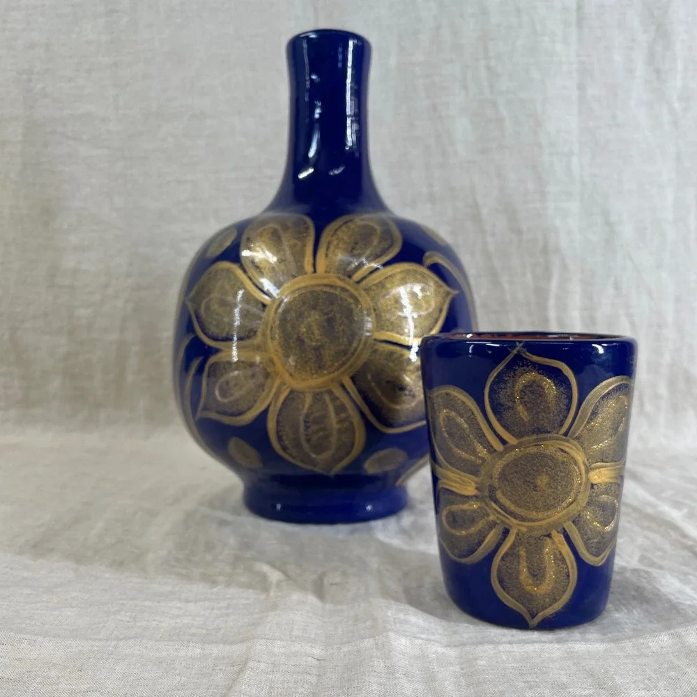 Cobalt Blue Gold Floral Tonala Bedside Water Carafe Ceramic Vase Eclectic Decor